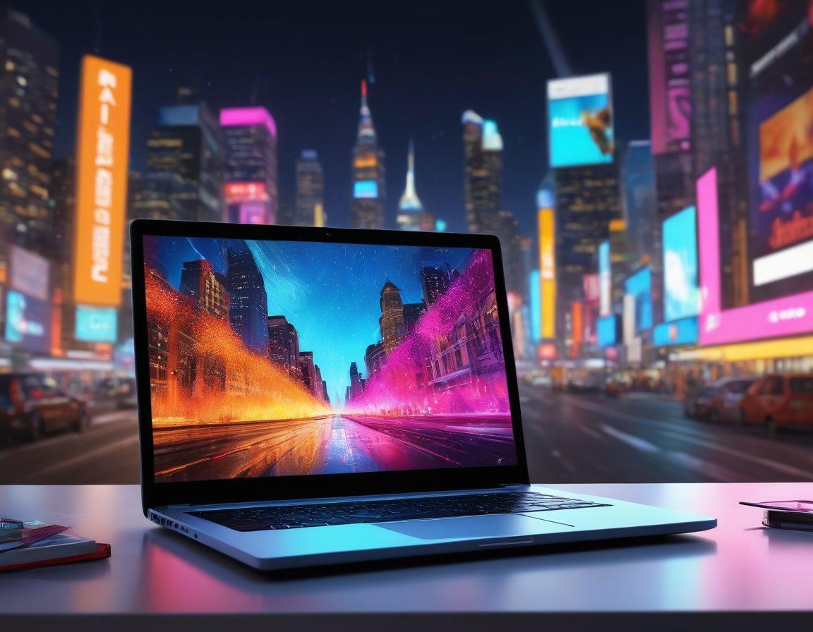 A vibrant scene depicting an open laptop with a glowing screen showcasing a digital storytelling interface. Surrounding the laptop are colorful narrative elements like books, quills, and ink splashes symbolizing creativity. In the background, a cityscape illuminated by digital billboards signifies the digital blogging world. The atmosphere is dynamic and inspirational, inviting readers to explore the art of storytelling. super-realistic. vibrant colors. white background.