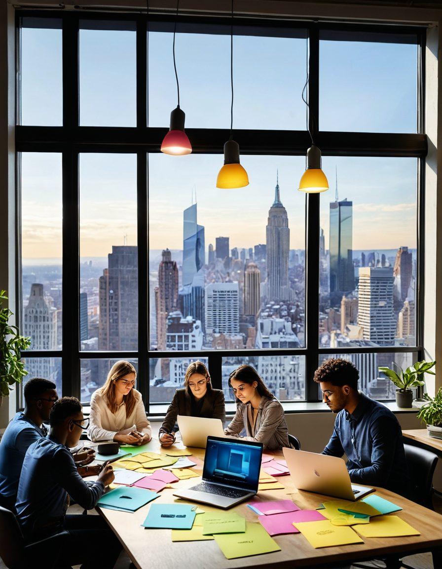 A vibrant workspace featuring a diverse group of people brainstorming around a table with laptops, notebooks, and colorful sticky notes. A large window showcasing a sunlit cityscape in the background, symbolizing growth and opportunity. Visuals of social media icons scattered around, representing content sharing, and a light bulb glowing above the table, symbolizing creativity. The atmosphere should feel dynamic and inspiring. super-realistic. vibrant colors. 3D.