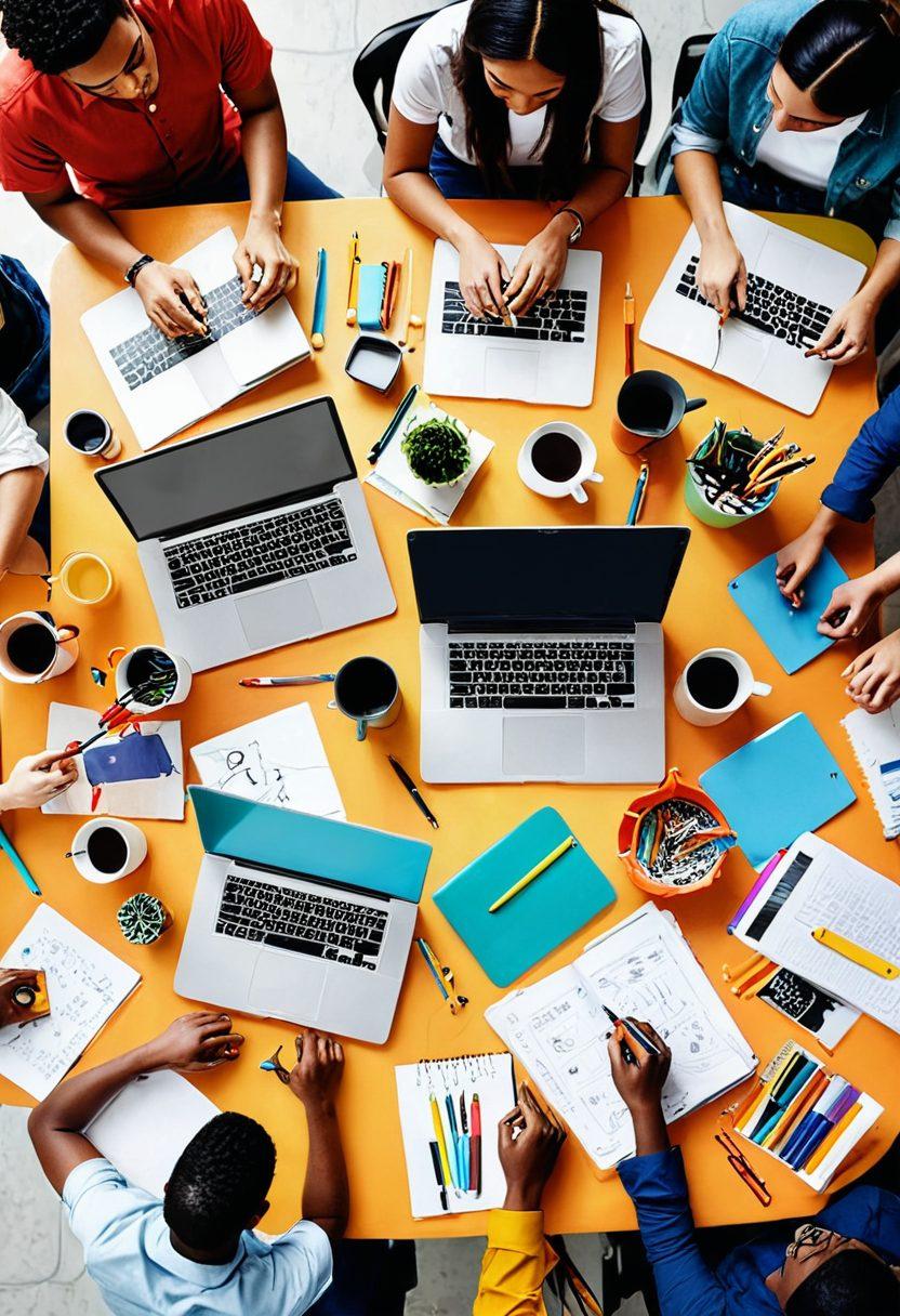 A visually striking depiction of a diverse group of bloggers engaging in creativity, surrounded by vibrant tools of expression like notebooks, laptops, and art supplies. The scene should feature a burst of color representing ideas flowing freely, with elements of the online world, such as icons for social media and community. The atmosphere is dynamic and inspiring, highlighting collaboration and innovation. super-realistic. vibrant colors. white background.